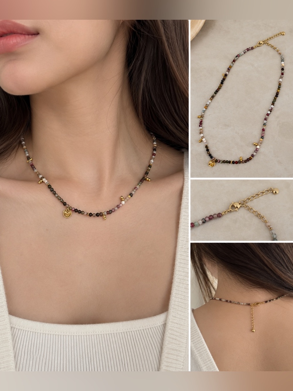 WENS Multicolor Natural Stone Beaded Necklace Gold Tone Adjustable